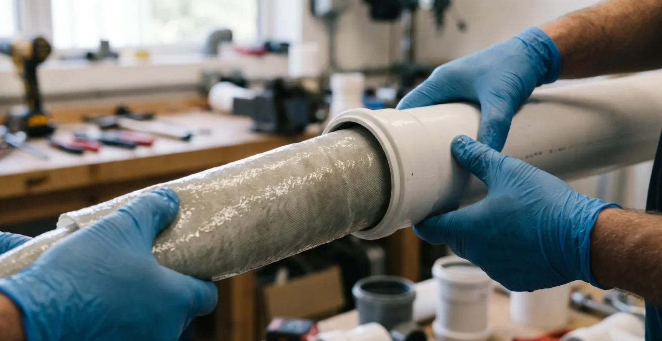 Gros plan sur une gaine textile imprégnée de résine époxy translucide en cours d'insertion dans un tuyau PVC blanc, mains gantées de technicien guidant le matériau