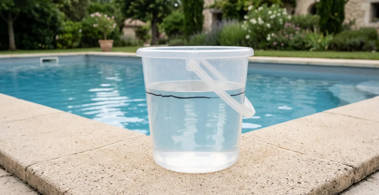 Seau transparent rempli d'eau posé sur la margelle d'une piscine, niveau d'eau aligné avec le bassin et trait de marquage visible pour le test d'évaporation
