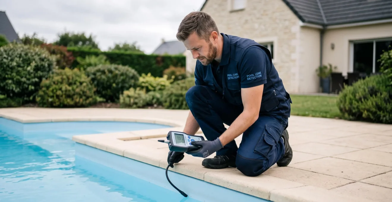 Technicien spécialisé utilisant un détecteur électronique de gaz traceur au bord d'une piscine enterrée résidentielle, plages en pierre et margelles visibles, contexte pavillonnaire Nord de la France
