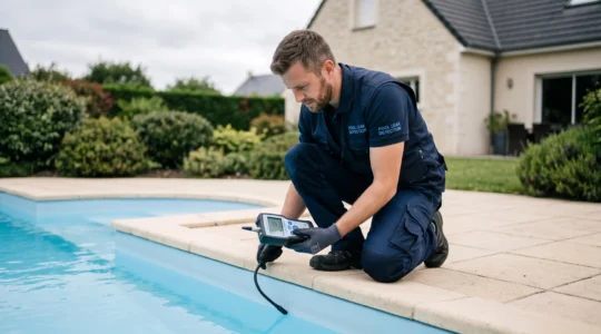 Technicien spécialisé utilisant un détecteur électronique de gaz traceur au bord d'une piscine enterrée résidentielle, plages en pierre et margelles visibles, contexte pavillonnaire Nord de la France